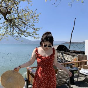 Slightly Chubby Floral Dress with Flying Sleeves - French Style Vacation Waist-Defined Long Dress for Summer Travel