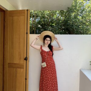 Slightly Chubby Floral Dress with Flying Sleeves - French Style Vacation Waist-Defined Long Dress for Summer Travel
