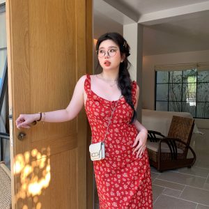 Slightly Chubby Floral Dress with Flying Sleeves - French Style Vacation Waist-Defined Long Dress for Summer Travel