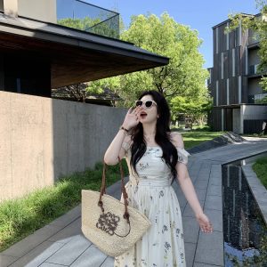 Slightly Chubby Green Floral Plus-Size Dress with Square Neck and Off-Shoulder Design, Small Flying Sleeves, Summer Tea Style