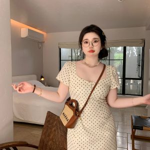 Slightly Chubby Heartbeat Polka Dot Lace Waist-Defined Short Sleeve Plus Size Dress with Short Skirt - Y2K Style