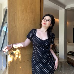 Slightly Chubby Heartbeat Polka Dot Lace Waist-Defined Short Sleeve Plus Size Dress with Short Skirt - Y2K Style