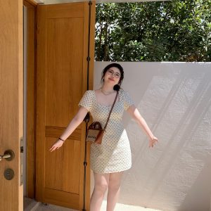 Slightly Chubby Heartbeat Polka Dot Lace Waist-Defined Short Sleeve Plus Size Dress with Short Skirt - Y2K Style