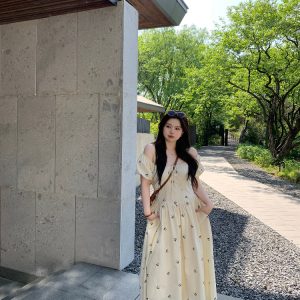 Slightly Chubby Off-Shoulder Plus Size Dress with Moonlight Dream Catcher & French Bow Embroidery, Waist-Defined, Y2K Style