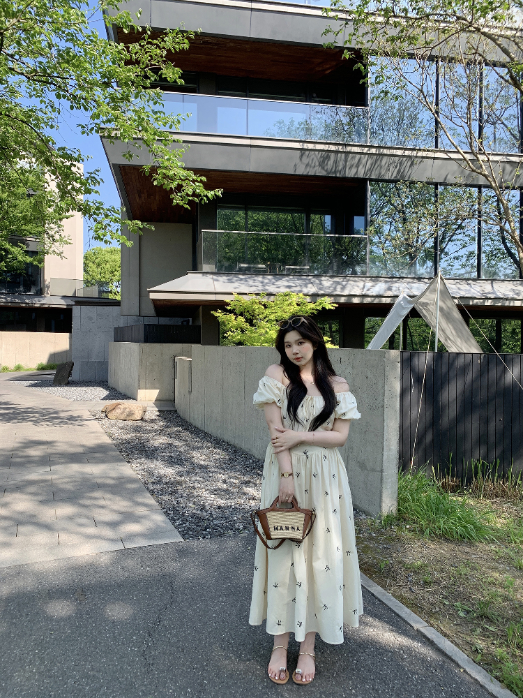 Slightly Chubby Off-Shoulder Plus Size Dress with Moonlight Dream Catcher & French Bow Embroidery, Waist-Defined, Y2K Style Slightly Chubby Off-Shoulder Plus Size Dress with Moonlight Dream Catcher & French Bow Embroidery, Waist-Defined, Y2K Style