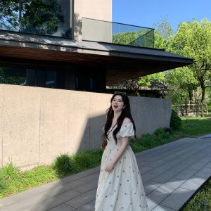 Slightly Chubby Off-Shoulder Plus Size Dress with Moonlight Dream Catcher & French Bow Embroidery, Waist-Defined, Y2K Style