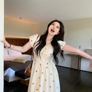 Slightly Chubby Off-Shoulder Plus Size Dress with Moonlight Dream Catcher & French Bow Embroidery, Waist-Defined, Y2K Style