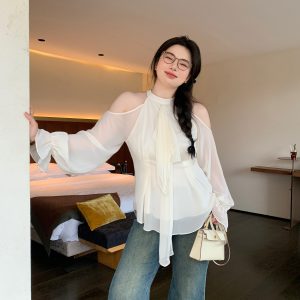 Slightly Chubby Plus Size Strapless Halter Neck Shirt - Blurry Irregular Flowing Design for a Stylish Waist-Defining Look