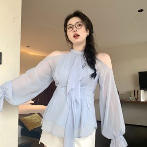 Slightly Chubby Plus Size Strapless Halter Neck Shirt - Blurry Irregular Flowing Design for a Stylish Waist-Defining Look