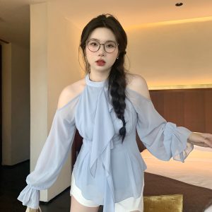 Slightly Chubby Plus Size Strapless Halter Neck Shirt - Blurry Irregular Flowing Design for a Stylish Waist-Defining Look