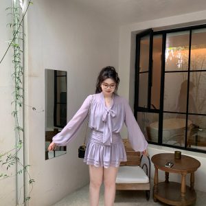 Slightly Chubby Purple Mist Aesthetics Shirt Set with Suspender Half Skirt and Bow Tie Ribbons – Y2K Aesthetic Fashion