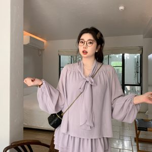 Slightly Chubby Purple Mist Aesthetics Shirt Set with Suspender Half Skirt and Bow Tie Ribbons – Y2K Aesthetic Fashion