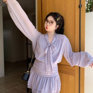 Slightly Chubby Purple Mist Aesthetics Shirt Set with Suspender Half Skirt and Bow Tie Ribbons – Y2K Aesthetic Fashion