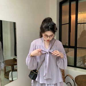 Slightly Chubby Purple Mist Aesthetics Shirt Set with Suspender Half Skirt and Bow Tie Ribbons – Y2K Aesthetic Fashion