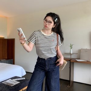 Slightly Chubby Striped Casual T-Shirt - Summer Basic Short Sleeve Slimming Plus-Size Tee for Versatile Y2K Style