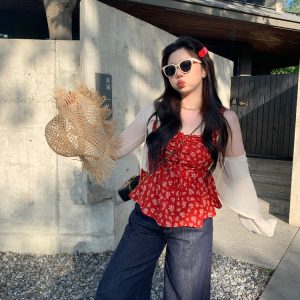 Slightly Chubby Summer Love Floral Camisole - Korean Style Plus Size Red Floral Sun Protection Cardigan