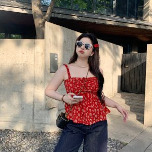 Slightly Chubby Summer Love Floral Camisole - Korean Style Plus Size Red Floral Sun Protection Cardigan