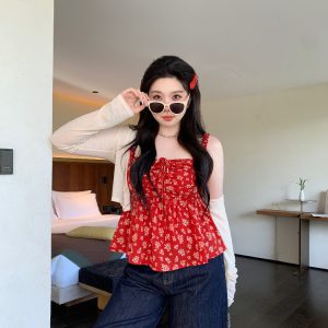 Slightly Chubby Summer Love Floral Camisole - Korean Style Plus Size Red Floral Sun Protection Cardigan