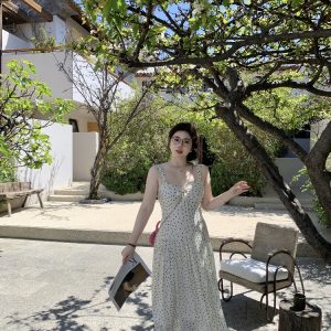 Slightly Chubby Summer Sweetness Backless Spaghetti Strap Dress in French Polka Dot - Plus Size Long Beach Vacation Dress