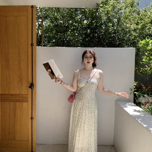 Slightly Chubby Summer Sweetness Backless Spaghetti Strap Dress in French Polka Dot - Plus Size Long Beach Vacation Dress