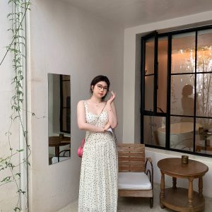 Slightly Chubby Summer Sweetness Backless Spaghetti Strap Dress in French Polka Dot - Plus Size Long Beach Vacation Dress