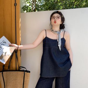 Slightly Chubby Sweetheart Bomber Denim Cami Top - Loose Sleeveless Plus Size Outerwear for Casual Y2K Style
