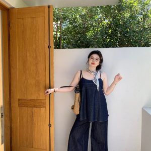 Slightly Chubby Sweetheart Bomber Denim Cami Top - Loose Sleeveless Plus Size Outerwear for Casual Y2K Style