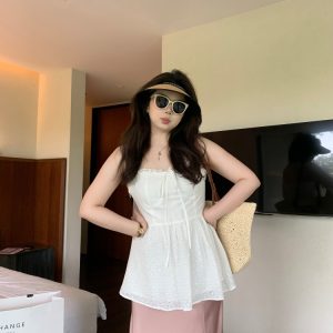 Slightly Chubby Sweetheart Lace Tie-Up White Camisole Top with Floral Design - Oversized Instagram Style Fashion