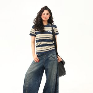 Slightly Loose Striped Short Sleeve T-Shirt for Women - Vintage American Style, Summer Versatile Top, Casual 90s Fashion