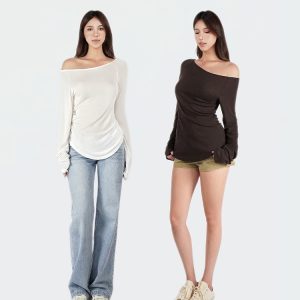 Slightly Sheer Off-Shoulder Long Sleeve Top - Relaxed Fit, Casual Chic Style, Perfect for Y2K and Korean Fashion Trends
