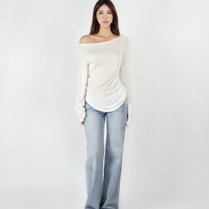 Slightly Sheer Off-Shoulder Long Sleeve Top - Relaxed Fit, Casual Chic Style, Perfect for Y2K and Korean Fashion Trends