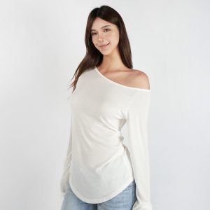 Slightly Sheer Off-Shoulder Long Sleeve Top - Relaxed Fit, Casual Chic Style, Perfect for Y2K and Korean Fashion Trends
