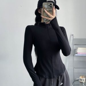 Slim-Fit Bee Waist T-Shirt with Collar and Zipper, Stretchy Solid Color Polo for Casual Versatility, Flattering Belly-Hiding Design