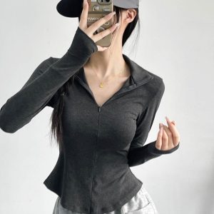 Slim-Fit Bee Waist T-Shirt with Collar and Zipper, Stretchy Solid Color Polo for Casual Versatility, Flattering Belly-Hiding Design