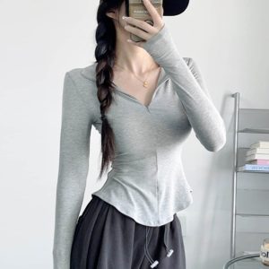 Slim-Fit Bee Waist T-Shirt with Collar and Zipper, Stretchy Solid Color Polo for Casual Versatility, Flattering Belly-Hiding Design