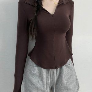 Slim-Fit Bee Waist T-Shirt with Collar and Zipper, Stretchy Solid Color Polo for Casual Versatility, Flattering Belly-Hiding Design