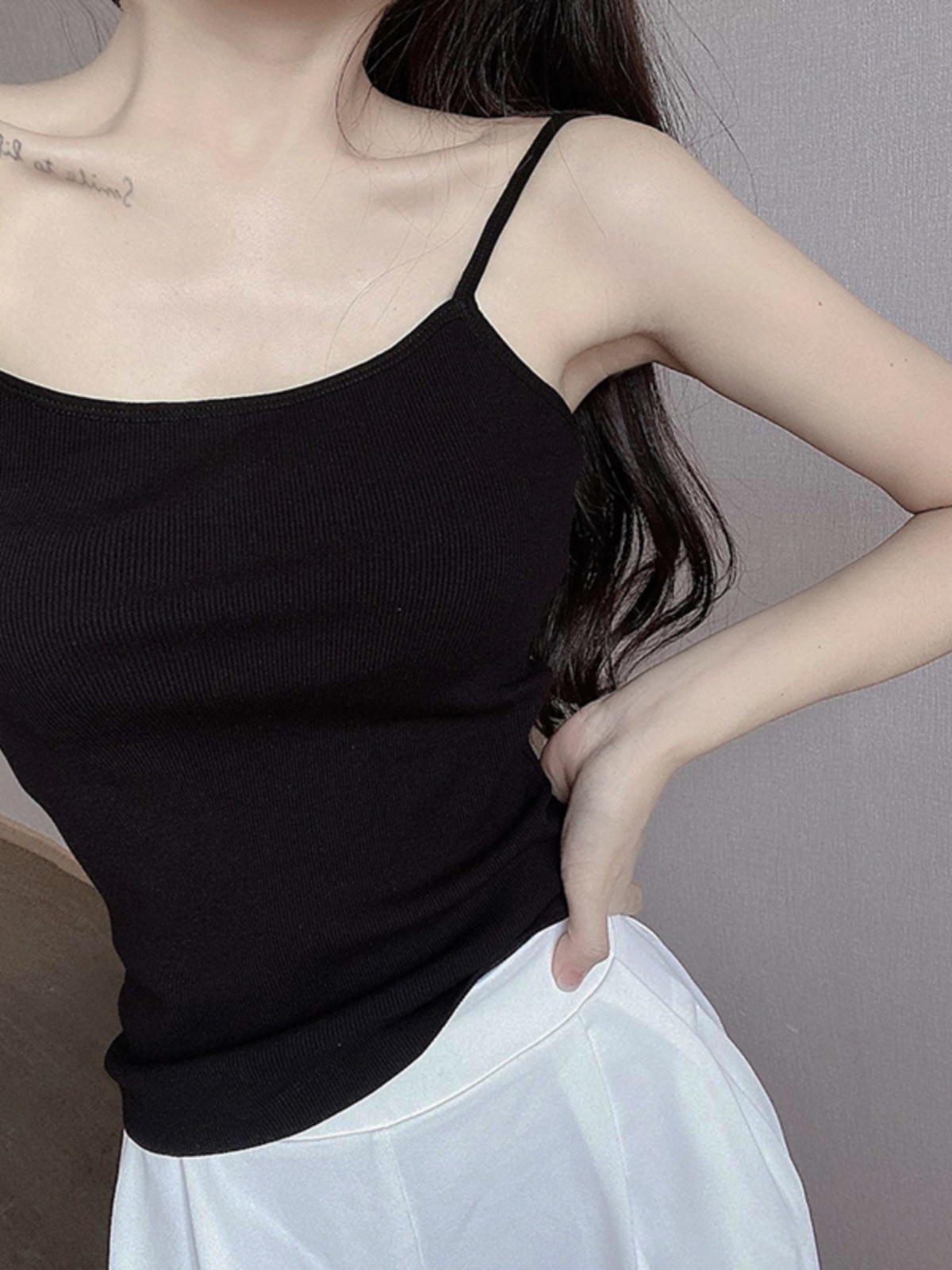 Slim-Fit Cotton Ribbed Camisole Tank Top, Thin Strap Sleeveless Summer Essential, Stretchy Layering Piece Slim-Fit Cotton Ribbed Camisole Tank Top, Thin Strap Sleeveless Summer Essential, Stretchy Layering Piece