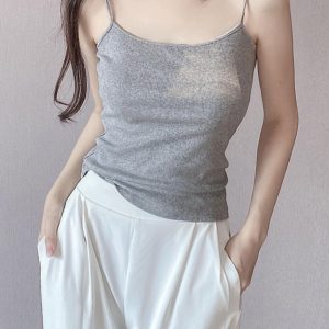 Slim-Fit Cotton Ribbed Camisole Tank Top, Thin Strap Sleeveless Summer Essential, Stretchy Layering Piece