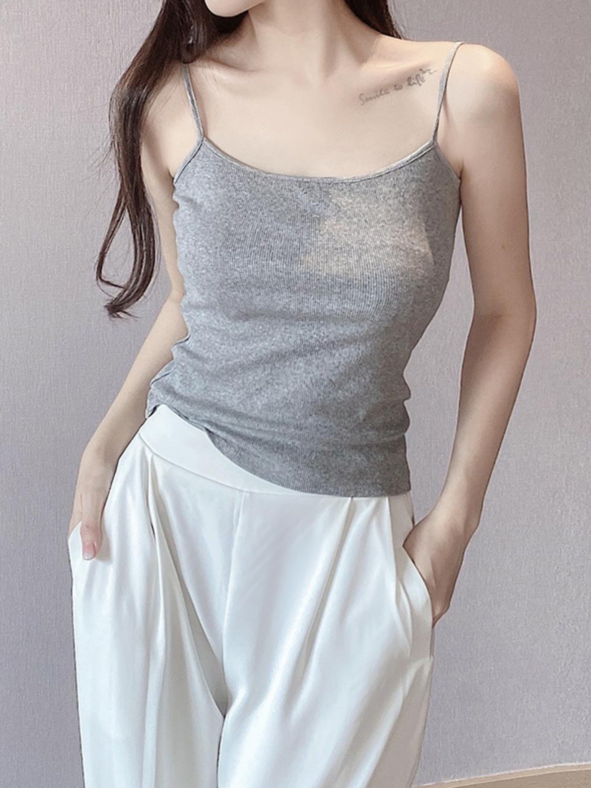 Slim-Fit Cotton Ribbed Camisole Tank Top, Thin Strap Sleeveless Summer Essential, Stretchy Layering Piece Slim-Fit Cotton Ribbed Camisole Tank Top, Thin Strap Sleeveless Summer Essential, Stretchy Layering Piece