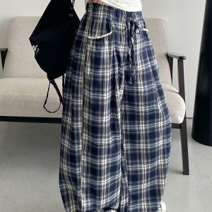 Slim-Fit Gray-Blue Checkered Casual Pants with Spliced Waistband and Drawstring - Versatile Wide-Leg Loose Straight Long Trousers