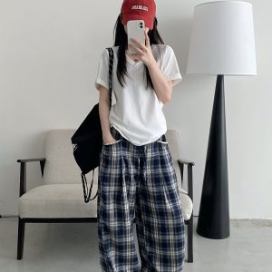 Slim-Fit Gray-Blue Checkered Casual Pants with Spliced Waistband and Drawstring - Versatile Wide-Leg Loose Straight Long Trousers