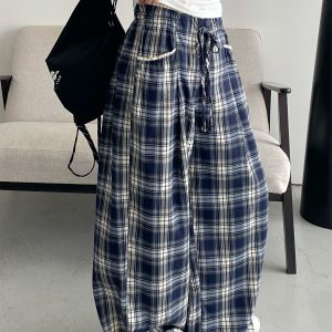 Slim-Fit Gray-Blue Checkered Casual Pants with Spliced Waistband and Drawstring - Versatile Wide-Leg Loose Straight Long Trousers