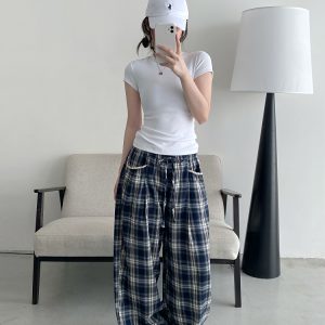 Slim-Fit Gray-Blue Checkered Casual Pants with Spliced Waistband and Drawstring - Versatile Wide-Leg Loose Straight Long Trousers