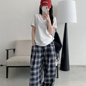 Slim-Fit Gray-Blue Checkered Casual Pants with Spliced Waistband and Drawstring - Versatile Wide-Leg Loose Straight Long Trousers
