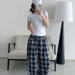 Slim-Fit Gray-Blue Checkered Casual Pants with Spliced Waistband and Drawstring - Versatile Wide-Leg Loose Straight Long Trousers