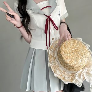 Slim-Fit High-Waisted Navy Collar Sailor Suit Set - Original JK Uniform College Style with Pudding Bear Design for Summer