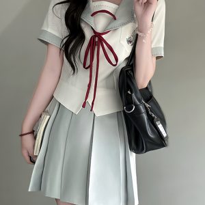 Slim-Fit High-Waisted Navy Collar Sailor Suit Set - Original JK Uniform College Style with Pudding Bear Design for Summer