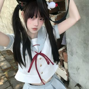 Slim-Fit High-Waisted Navy Collar Sailor Suit Set - Original JK Uniform College Style with Pudding Bear Design for Summer