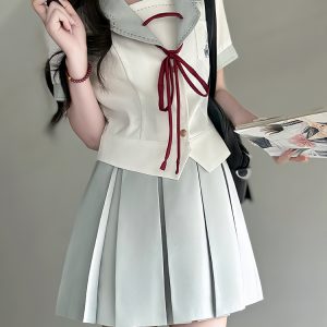 Slim-Fit High-Waisted Navy Collar Sailor Suit Set - Original JK Uniform College Style with Pudding Bear Design for Summer