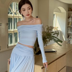 Slim-Fit One-Shoulder Skin-Baring Top and Pleated Long Skirt Set - Light Fabric Spring Korean Style Outfit